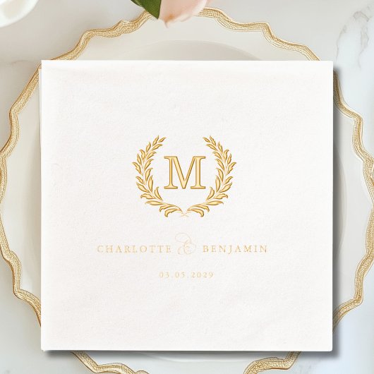Elegant Crest Monogram White Wedding 箔ナプキン