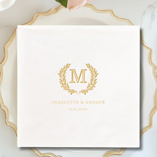 Elegant Crest Monogram White Wedding 箔ナプキン