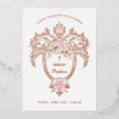 Elegant Crest Pink Bow Baptism Rose Gold 箔招待状 (正面)