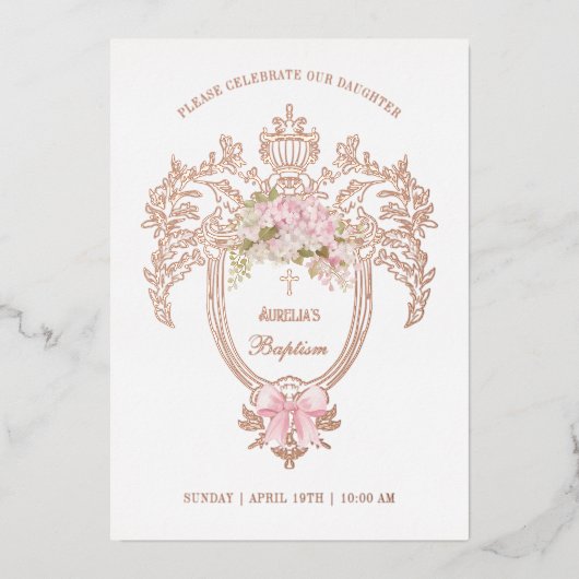 Elegant Crest Pink Bow Baptism Rose Gold 箔招待状 (正面)