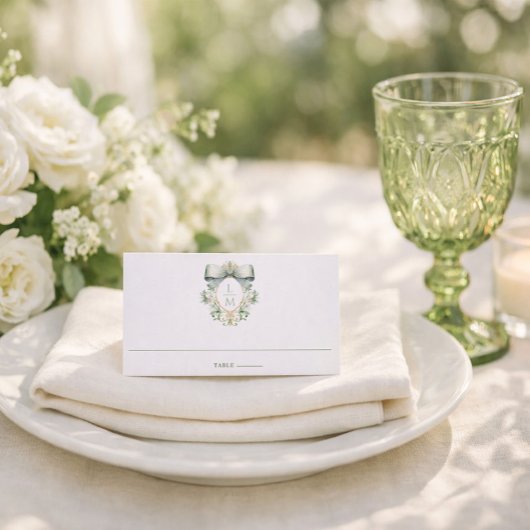 Elegant Crest w/ Sage Green Bow | Monogram Wedding プレイスカード