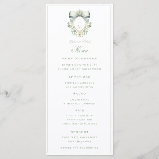 Elegant Crest w/ Sage Green Bow | Monogram Wedding メニュー (正面)