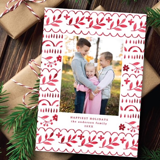 Elegant Crimson Folk Watercolor Christmas Photo シーズンカード