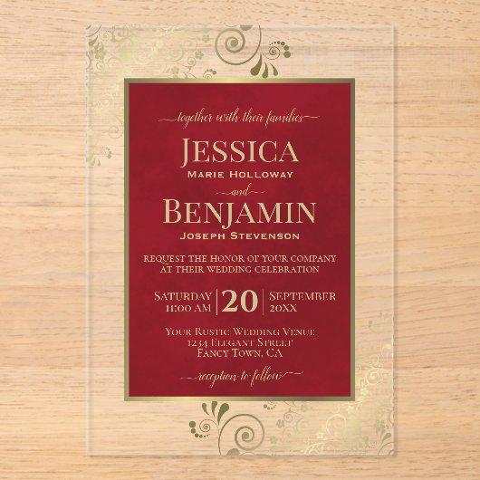 Elegant Crimson Red & Gold Stylish Text Wedding アクリル招待状 (正面)