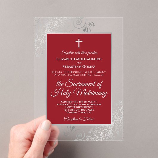 Elegant Crimson Red & Silver Chic Catholic Wedding アクリル招待状 (インサイチュ (ポータブル))