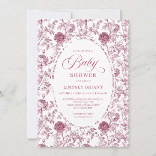 Elegant Crimson Rose Pattern Baby Shower Invites 招待状 (正面)
