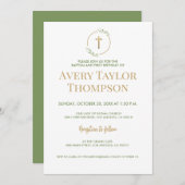 Elegant Cross Greenery Baptism and First Birthday 招待状 (正面/裏面)