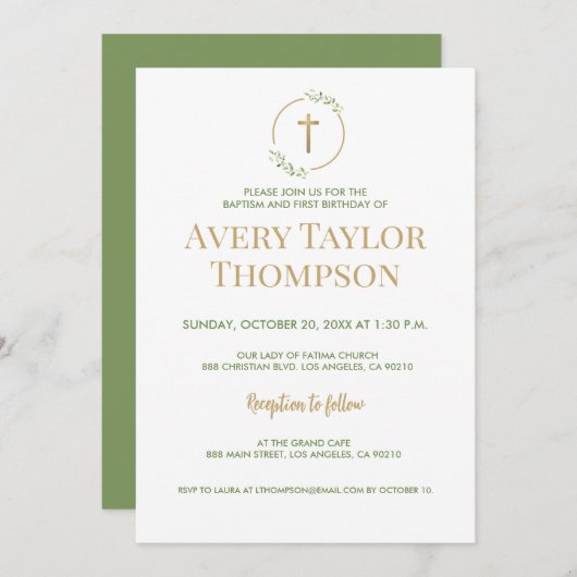 Elegant Cross Greenery Baptism and First Birthday 招待状 (正面/裏面)