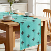 Elegant Cross Motif in Black and Pastel Teal Blue ロングテーブルランナー