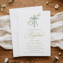 Elegant Cross Sage Bow Watercolor Greenery Baptism