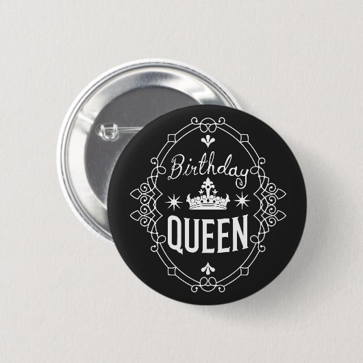 Elegant Crown Birthday Queen Typography Black 缶バッジ (正面&裏面)