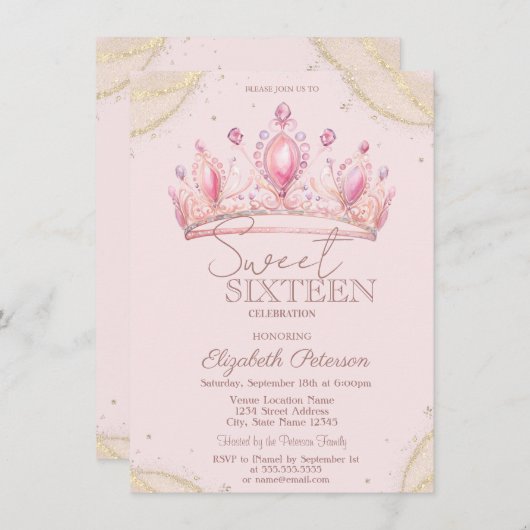 Elegant Crown Gold Glitter Corners Sweet 16   招待状 (正面/裏面)