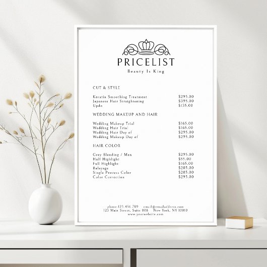 Elegant Crown Logo White Salon Price List ポスター