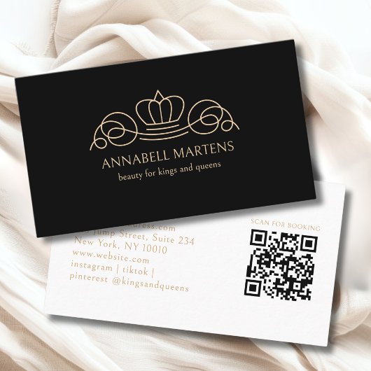 Elegant Crown Salon Black Beige QR Code 名刺
