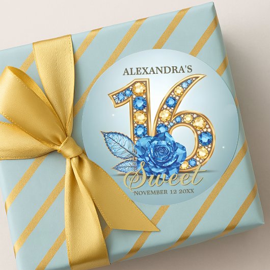 Elegant Crystal Blue Rose Gold Gemstone Sweet 16 ラウンドシール