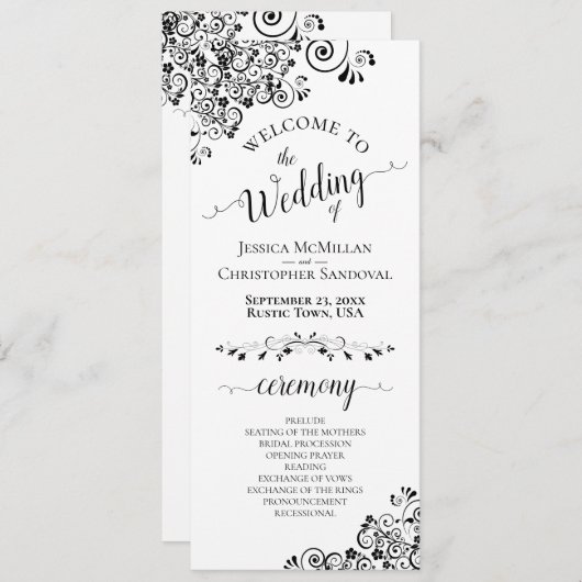 Elegant Curls & Swirls Black & White Wedding プログラム (正面/裏面)