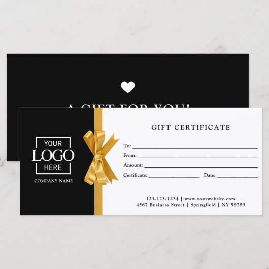 Elegant Custom Black Business Gift Certificate (正面/裏面)