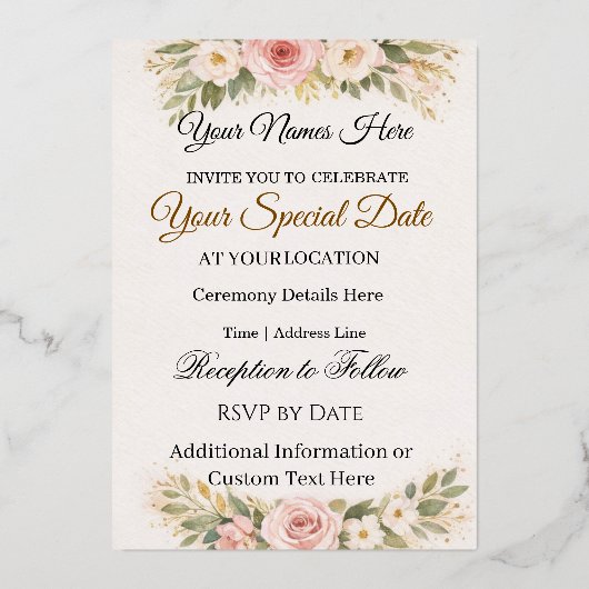 Elegant Custom Floral Wedding Invitations Design 箔招待状 (正面)