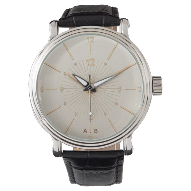 Elegant Custom Initials Gold Sunburst Leather Watc 腕時計 (正面)
