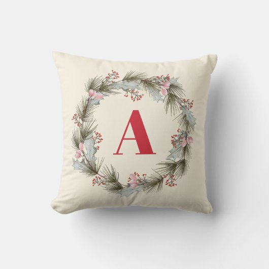 Elegant Custom Monogram Christmas Wreath  クッション (正面)