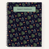 Elegant Custom Name Navy Botanical Notebook ノートブック (正面)