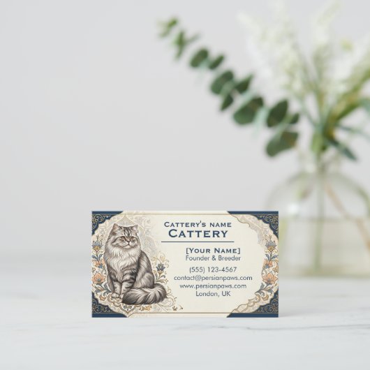 Elegant Custom Persian Cat Cattery Business Card 名刺 (スタンド正面)