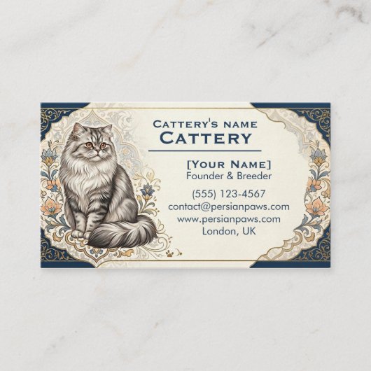 Elegant Custom Persian Cat Cattery Business Card  名刺 (正面)