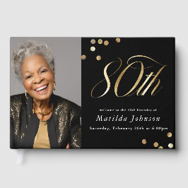 Elegant Custom Photo Black and Gold 80th Birthday  ゲストブック