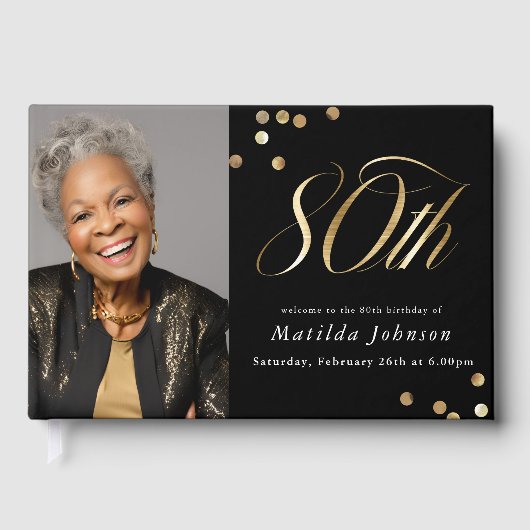 Elegant Custom Photo Black and Gold 80th Birthday  ゲストブック (正面)