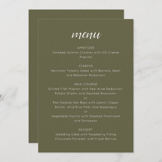 Elegant Custom Wedding Menu Template Olive Moss メニュー (正面/裏面)