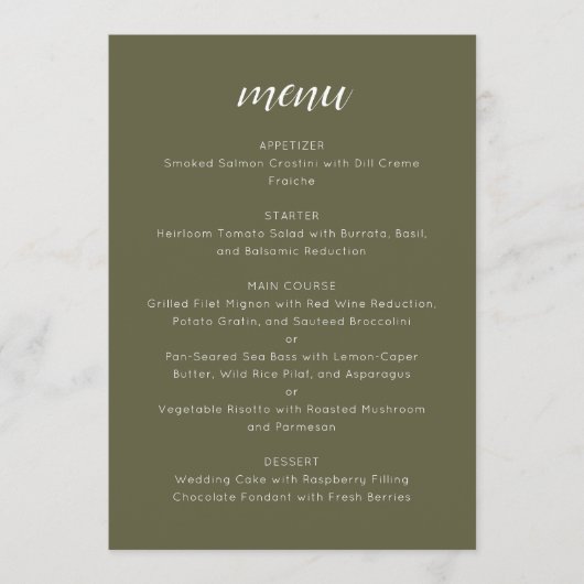Elegant Custom Wedding Menu Template Olive Moss メニュー (正面)