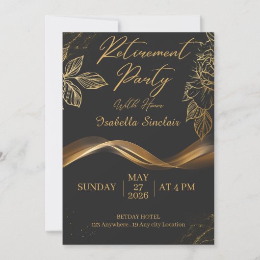 Elegant Customizable Gold Floral Retirement Party  招待状 (正面)