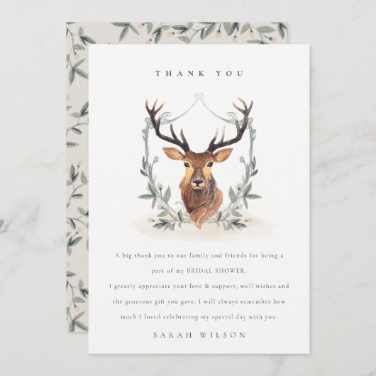 Elegant Cute Dusky Deer Floral Crest Bridal Shower サンキューカード (正面/裏面)