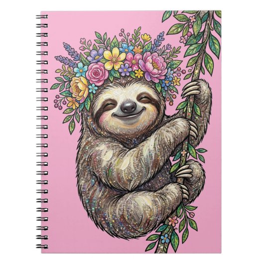 Elegant Cute Floral Sloth with Flower Crown Pink   ノートブック (正面)