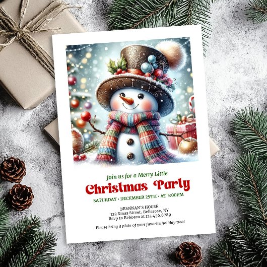 Elegant cute funny snowman holiday invite festive 招待状