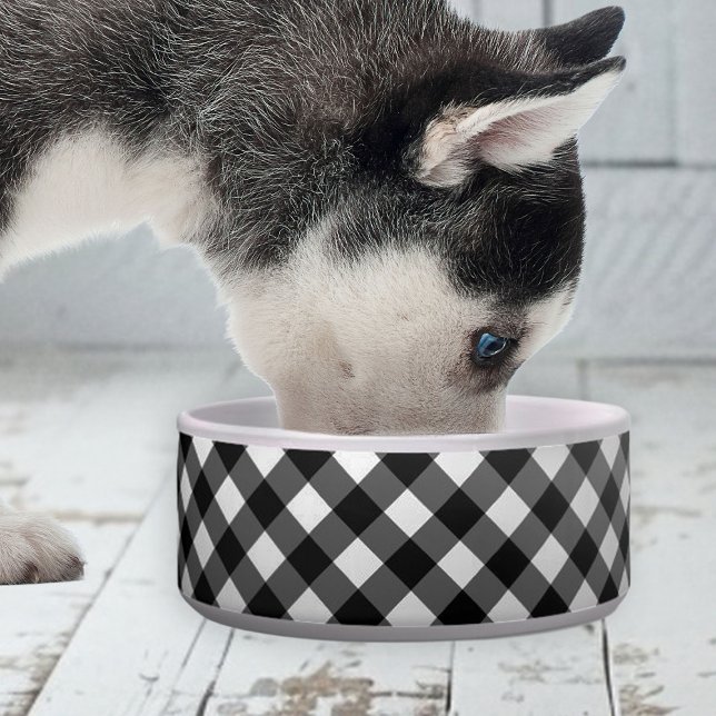 Elegant Cute Gingham Check ceramic pet bowl  ボウル (elegant cute black and white gingham bowl for dogs)