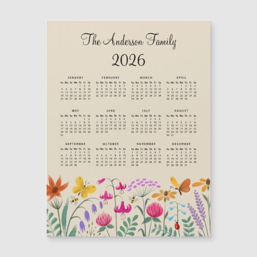 Elegant Cute Watercolor Wildflowers Calendar 2026 (正面)