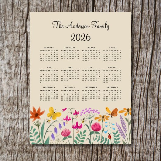 Elegant Cute Watercolor Wildflowers Calendar 2026