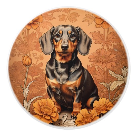 Elegant Dachshund And Marigolds   セラミックノブ (正面)