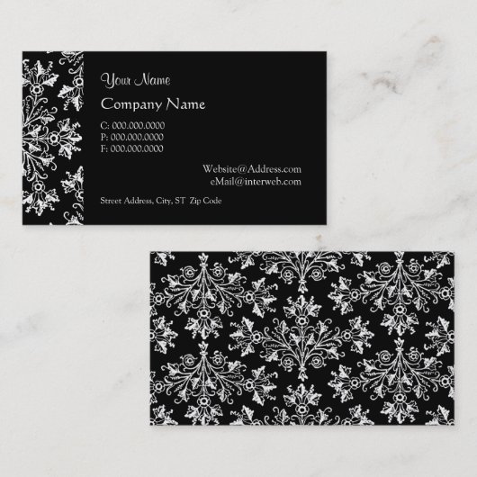 Elegant Daisy Damask in White on Black Custom 名刺 (正面/裏面)