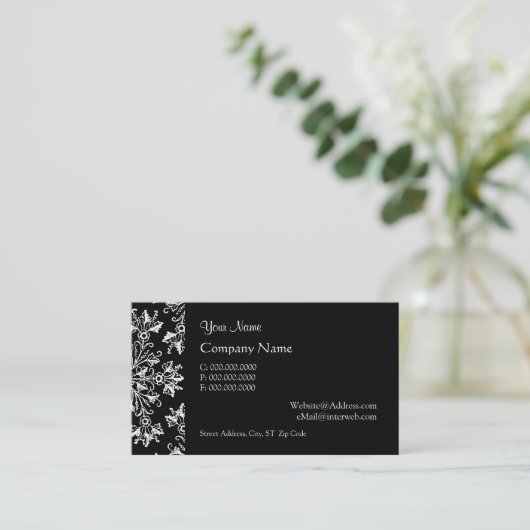 Elegant Daisy Damask in White on Black Custom 名刺 (スタンド正面)