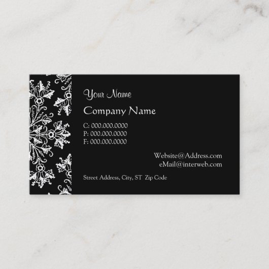 Elegant Daisy Damask in White on Black Custom 名刺 (正面)
