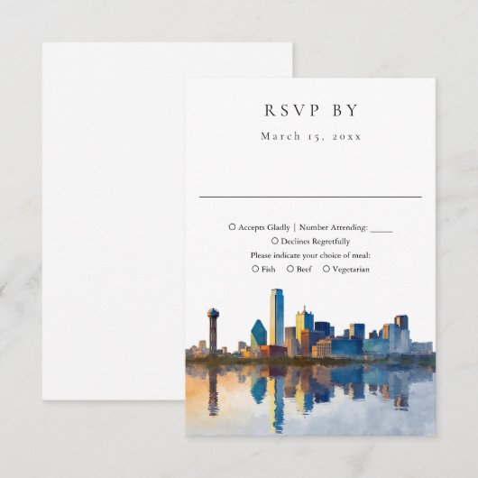 Elegant Dallas Skyline Watercolor Wedding 出欠カード (正面/裏面)