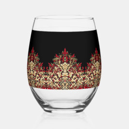 Elegant Damask Black Red and Gold Pattern ステムなしワイングラス