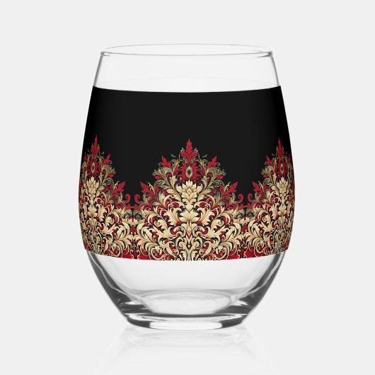 Elegant Damask Black Red and Gold Pattern ステムなしワイングラス (正面)