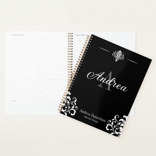 Elegant Damask Monogrammed Black and white Office プランナー手帳 (ディスプレー)