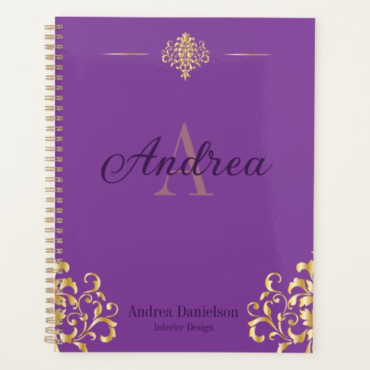 Elegant Damask Monogrammed Gold and Purple Office プランナー手帳 (正面)