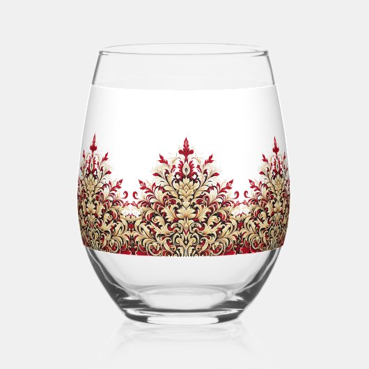 Elegant Damask Red and Gold Pattern ステムなしワイングラス (正面)