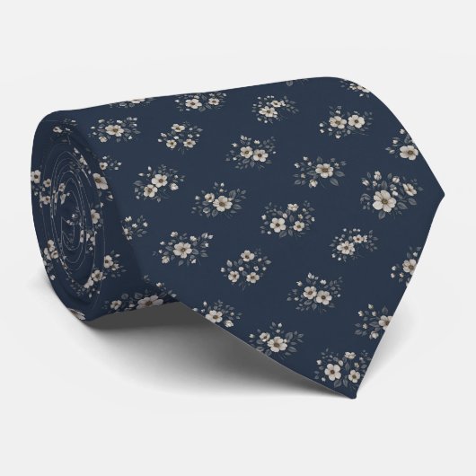 Elegant Dark Blue Ditsy Floral ネクタイ (ロール)