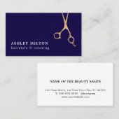 Elegant Dark Blue Faux Golden Scissors Hairstylist 名刺 (正面/裏面)